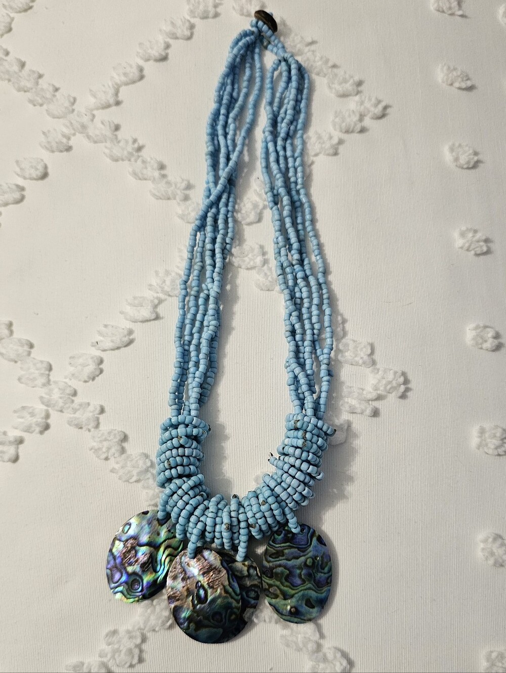 FINAL..Light Blue Beaded Necklace with Abalone Pendant